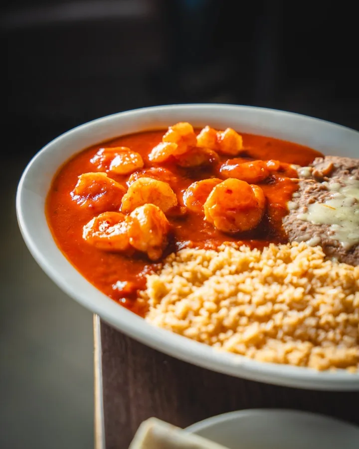 Camarones a la diabla in a fiery red sauce